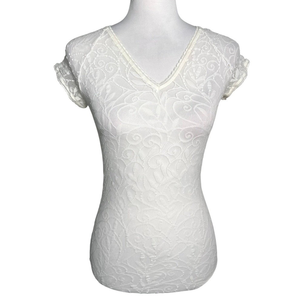 WOLFORD Women's Small Ivory Sheer Floral Lace Cap Sleeves V-Neck Snap Bodysuit